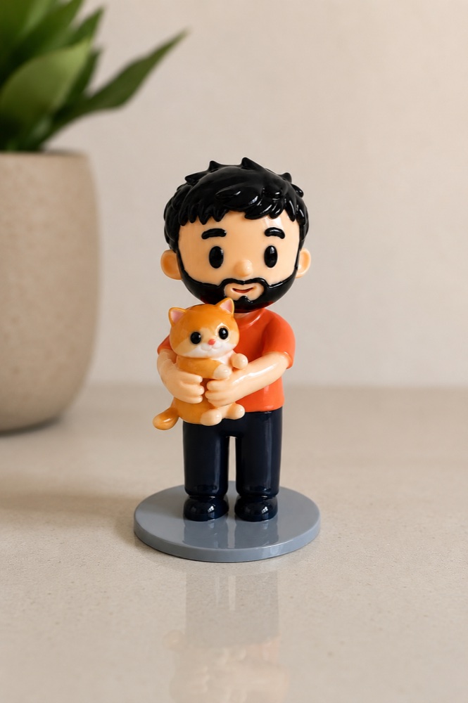 Glossy figurine of a man with glasses and his orange kitten