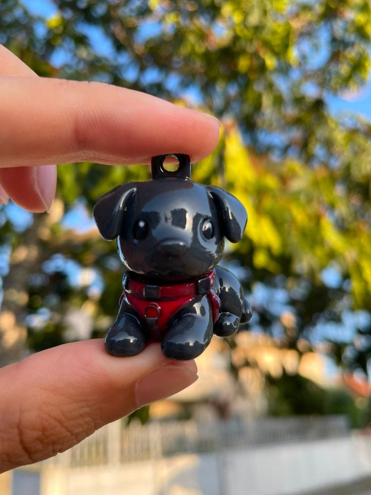 Black dog keychain in a red harness, held up against trees and blue sky