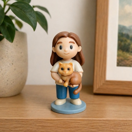 Figurine of a girl holding her ginger cat, displayed on a wooden shelf